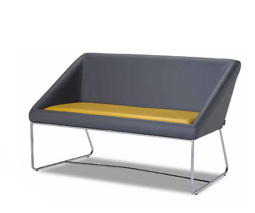 Two-seater designer sofa, yellow fabric sofa, leather furniture, gray bench.