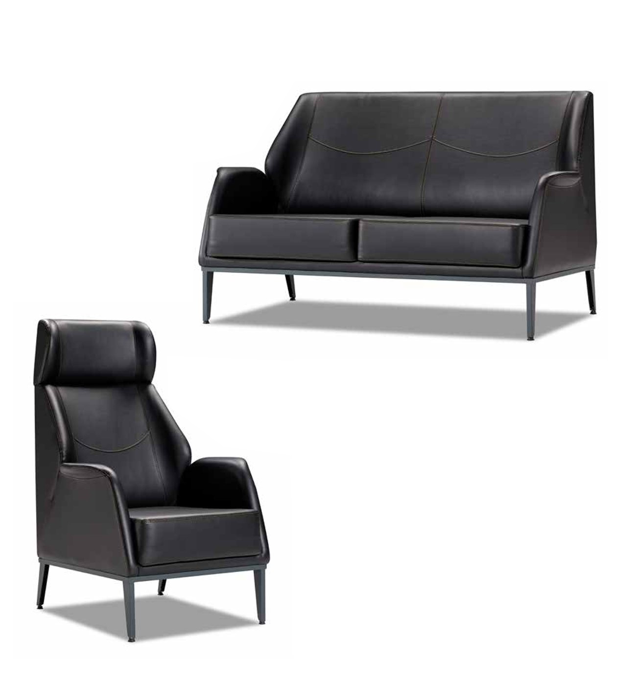 Black Leather Suite Modern Two-Seater Upholstered Armchair Furniture 2-piece