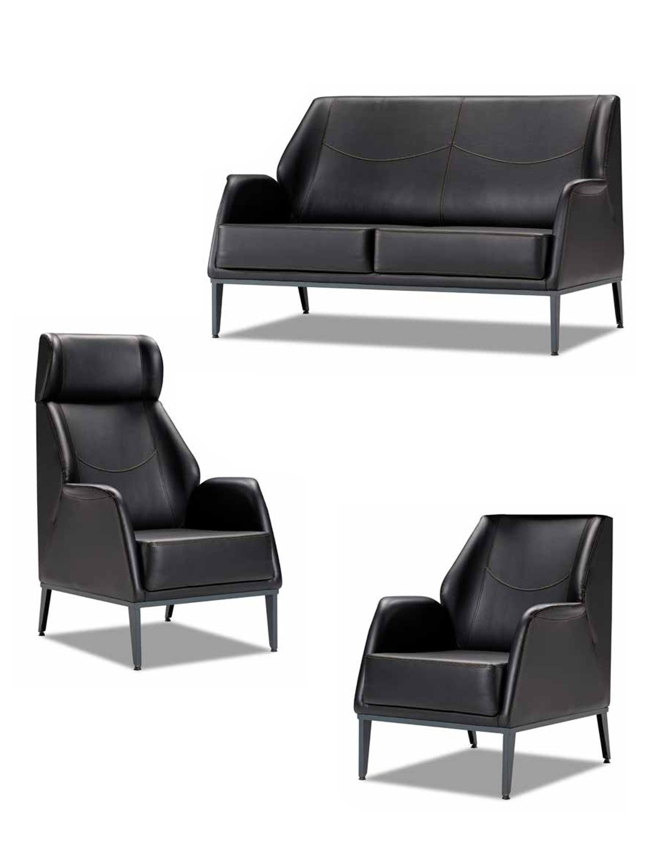 Black living room leather set modern 2-seater 2x armchair 3-piece set