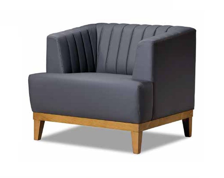 Gray designer club armchair, elegant living room wing chair.