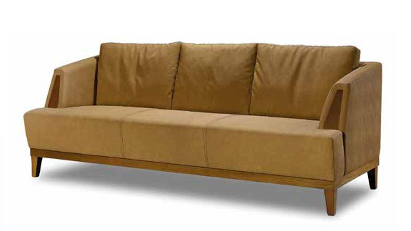 Brown three-seater upholstered textile couch, elegant living room furniture.
