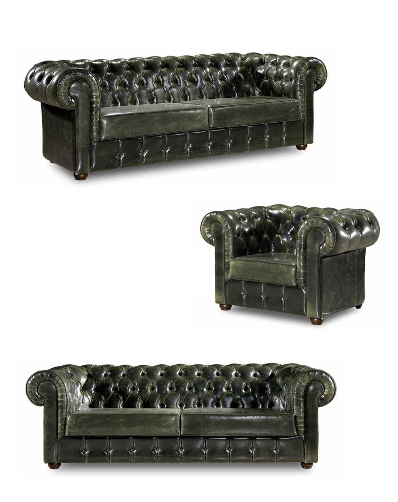 Green Chesterfield leather seating set exclusive upholstered couches armchairs 3-piece set