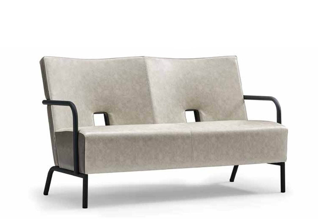 Modern design two-seater sofa leather upholstered living room gray wood