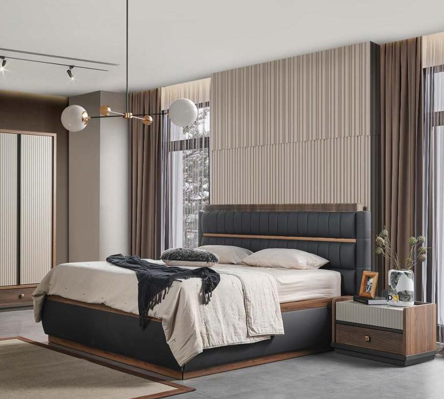 Gray-White Bedroom Furniture Designer Bed Elegant Wood Nightstands 3-piece