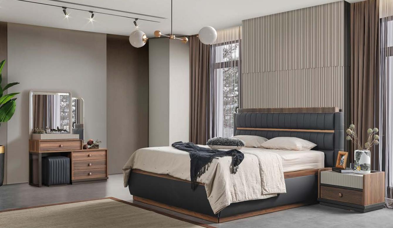 Black-Brown Bedroom Furniture Modern Double Bed Vanity Table 4-Piece Set