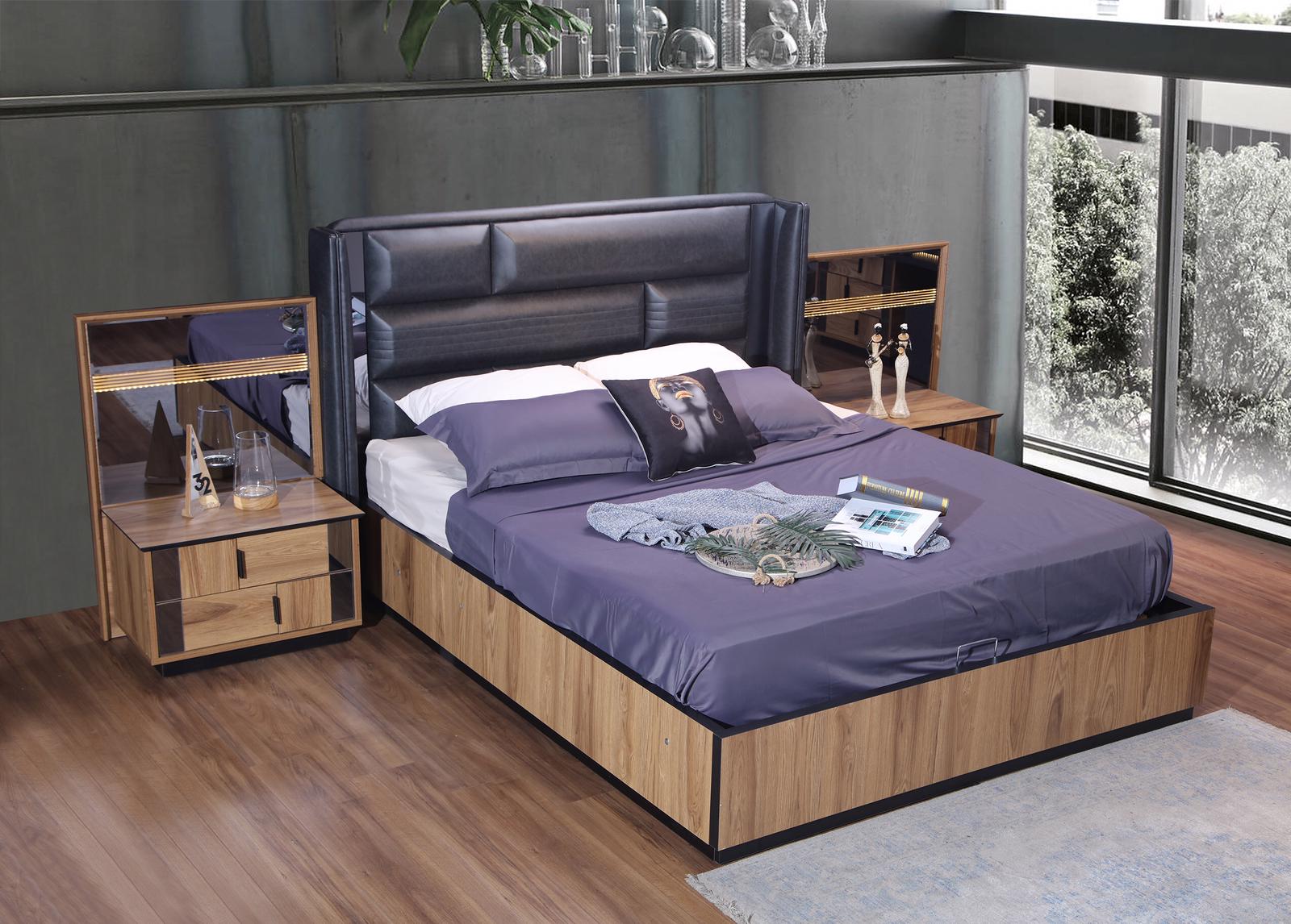 Brown bedroom set designer set double bed 2x bedside tables wood