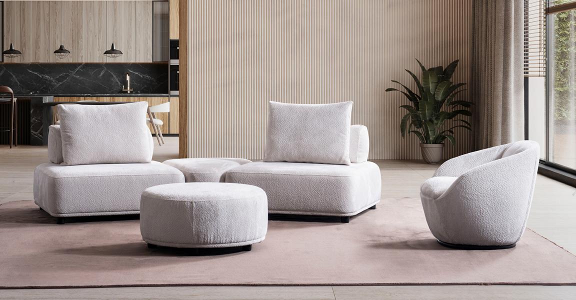 White Living Room Designer Sofa Set Two-Seater Upholstered Armchair Ottoman 3-Piece Set