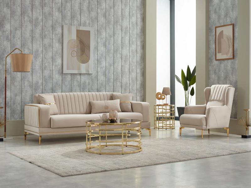 Couch set sofa upholstered sofa three-seater armchair beige 2 pieces