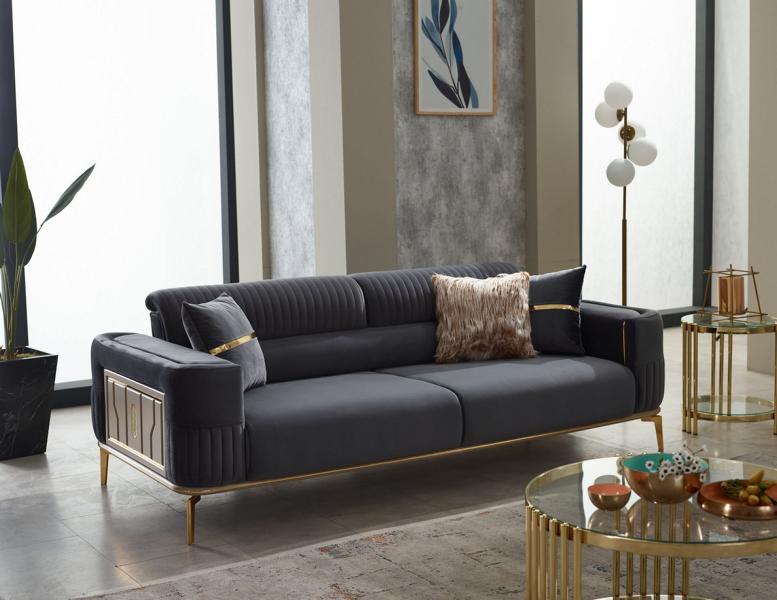 Luxury upholstered three-seater sofa, gray fabric couch.