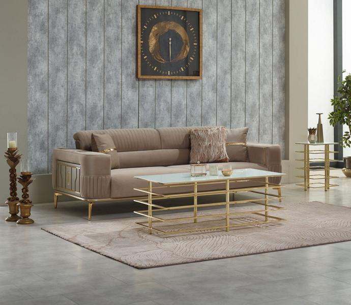 Luxury three-seater sofa, fabric sofa, upholstered sofa, beige couch.