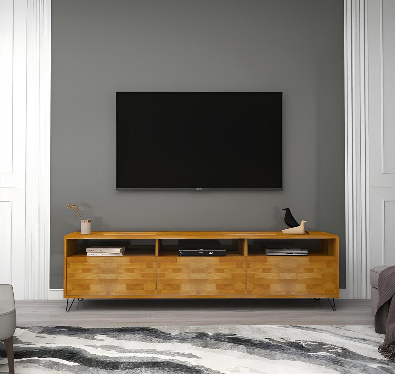 Brown living room sideboard, sturdy TV stand, modern wooden furniture.