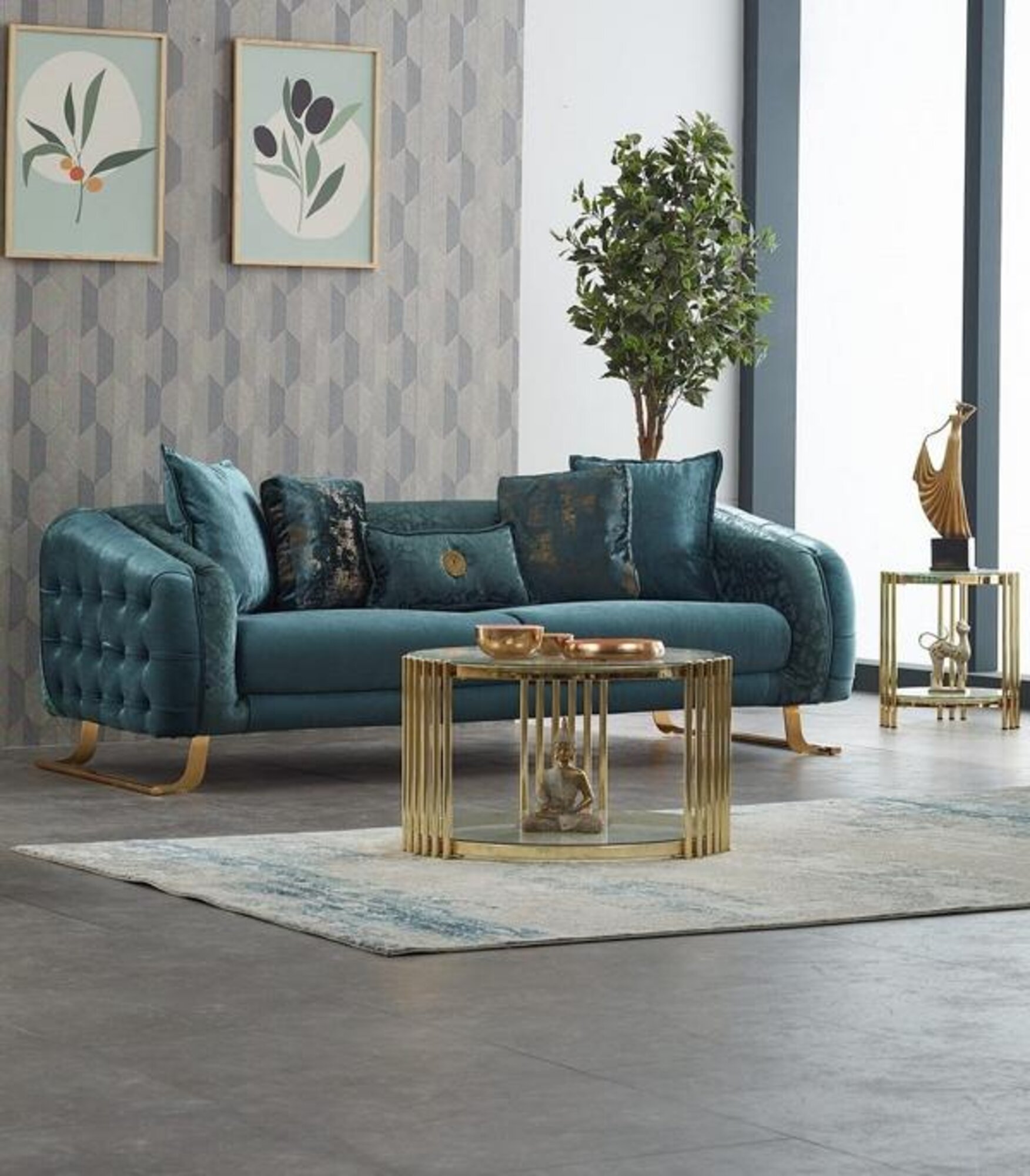 Fabric sofa couch three-seater sofa 3-seater upholstered sofa blue modern
