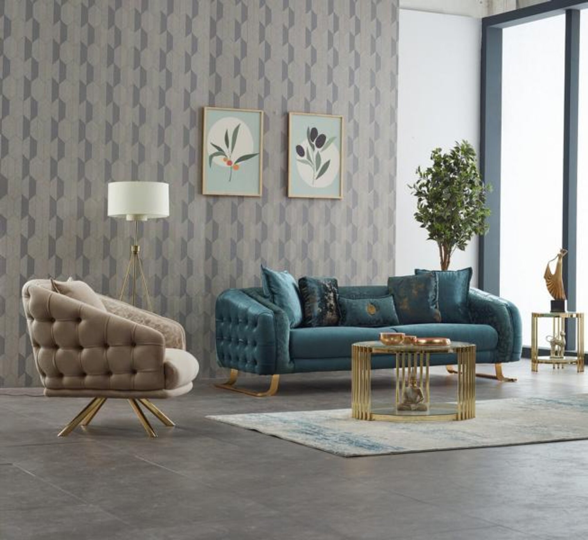 Complete sofa set upholstered sofa three-seater fabric sofa blue armchair.