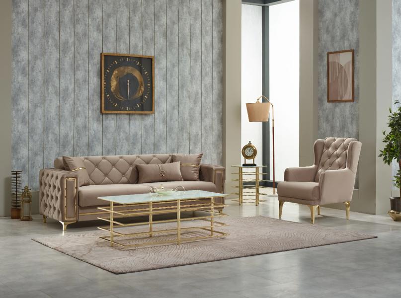 Sofa set, couch, upholstered sofa, three-seater, armchair, beige, 2-piece.