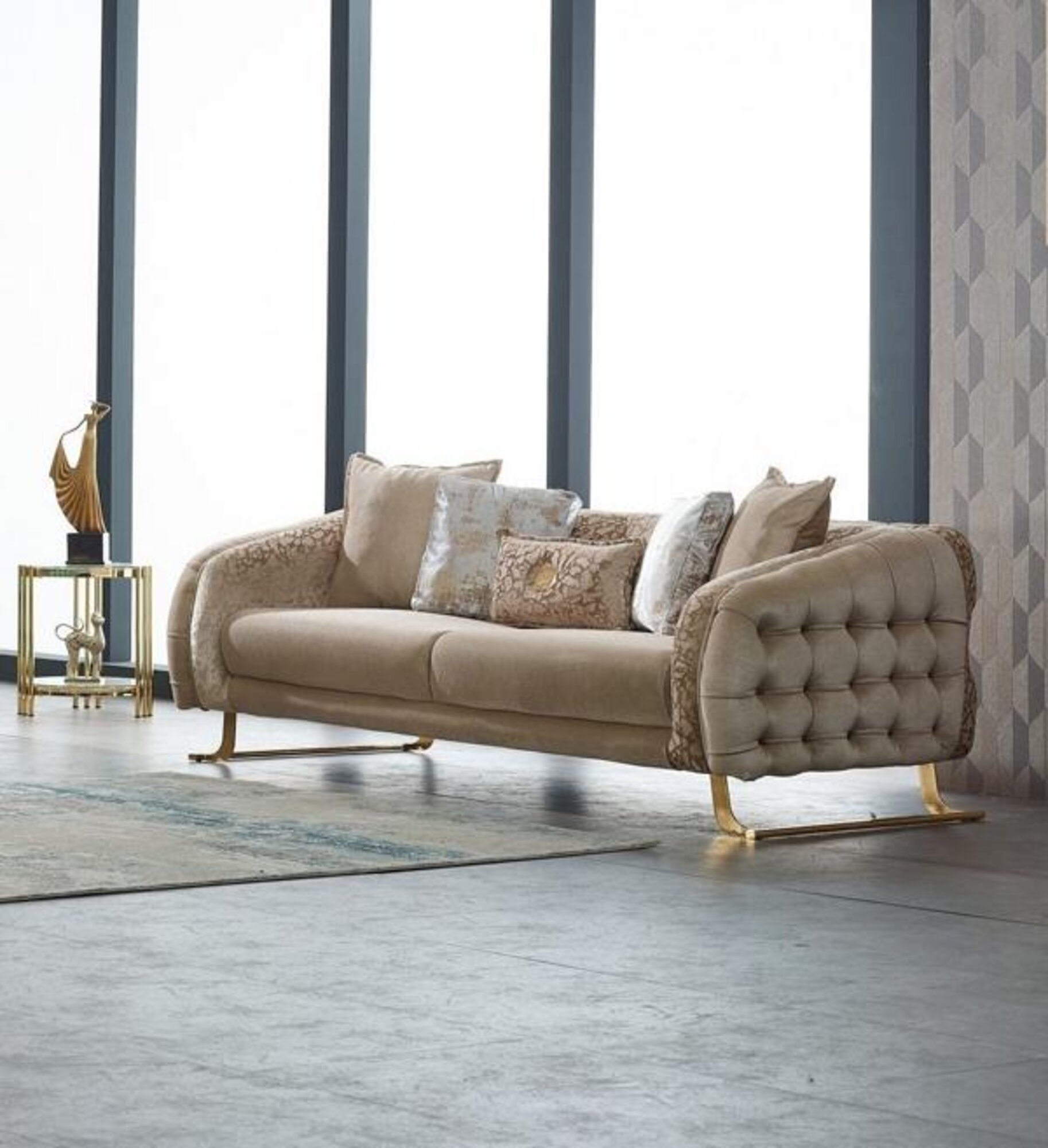 Chesterfield three-seater sofa, fabric sofa, upholstered sofa, beige, new.