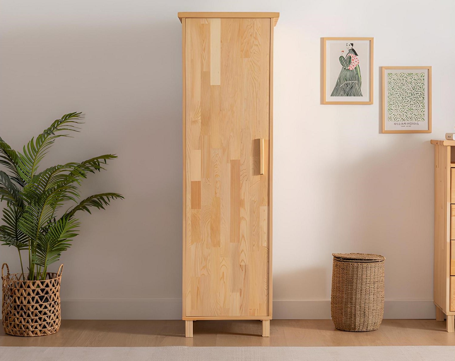 Compact beige wardrobe, single-door bedroom storage cabinet.