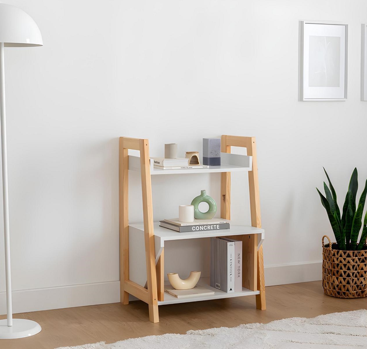 Beige-white bookshelf, shelf unit, high-quality wooden side table.