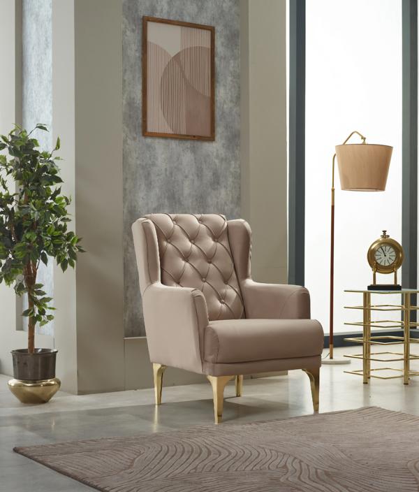 Chair Upholstered Armchair Fabric Seat Modern Beige Living Room Armchair