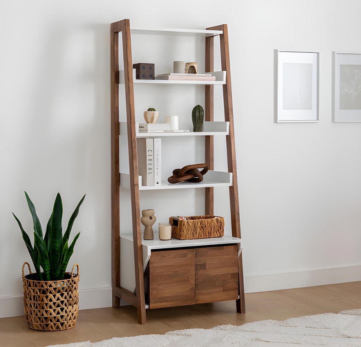 Brown-White Bookshelf Robust Living Room Wooden Shelves Units Furniture