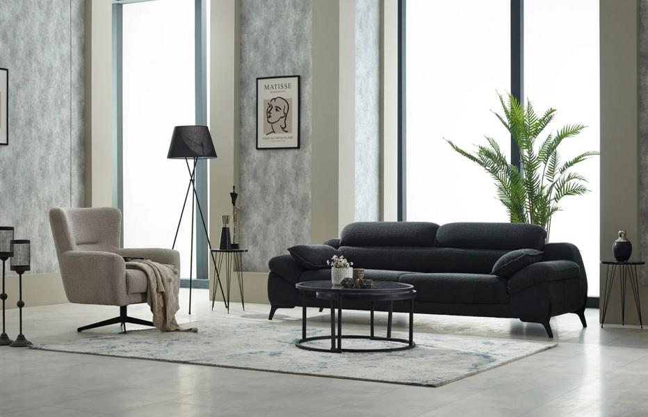 Complete sofa set, upholstered sofa, three-seater, fabric, black, armchair.