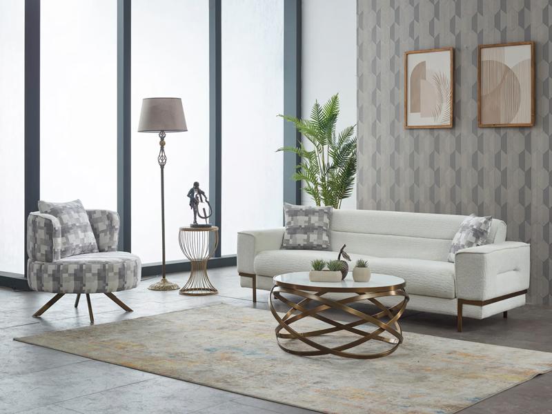 Complete sofa set, three-seater fabric upholstered sofa, white, armchair, 2 pieces.