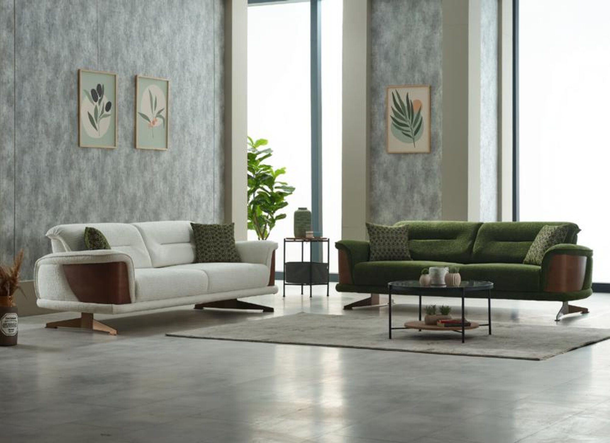 Sofa set three-seater white green fabric 2-piece upholstered sofa couches