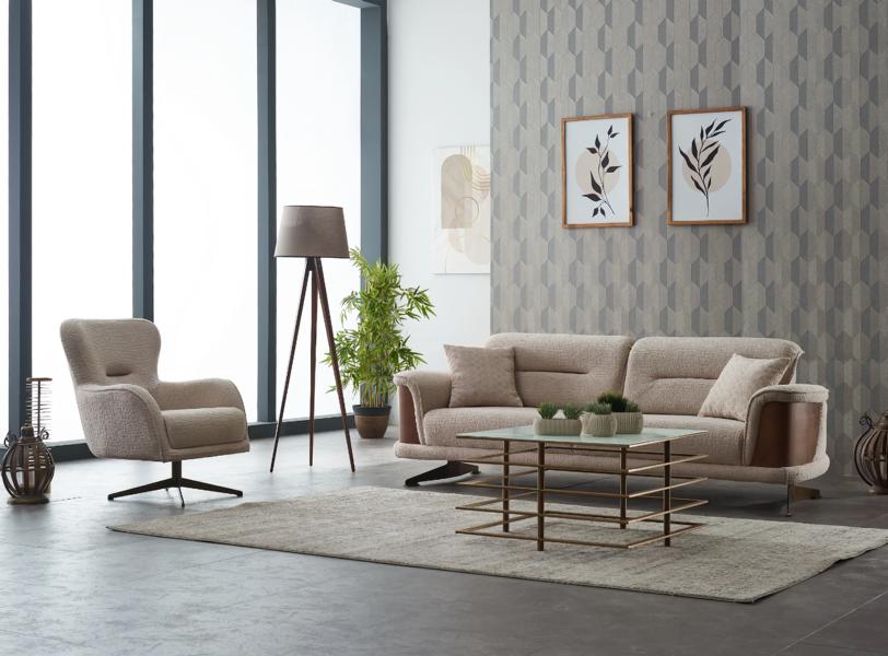 Upholstered sofa set three-seater armchair beige fabric sofa 2 pieces