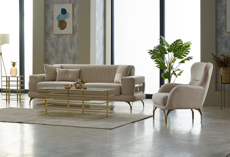 Sofa set three-seater fabric sofa upholstered sofa beige armchair 2 pieces