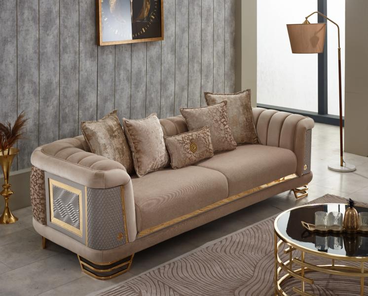 Luxury three-seater sofa, 3-seater fabric sofa, upholstered sofa, couch, beige sofas.
