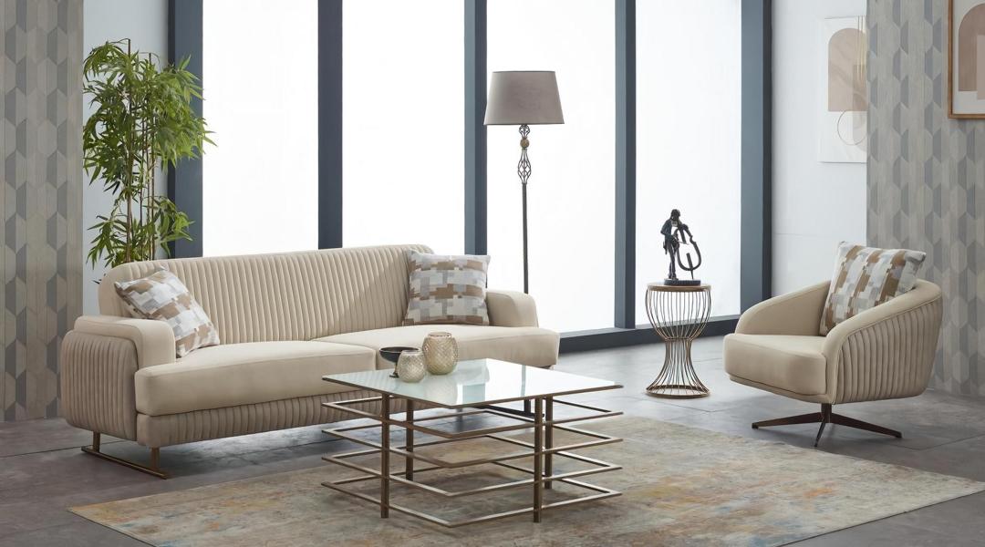 Sofa set upholstered sofa three-seater 2-piece fabric sofa armchair beige sofa