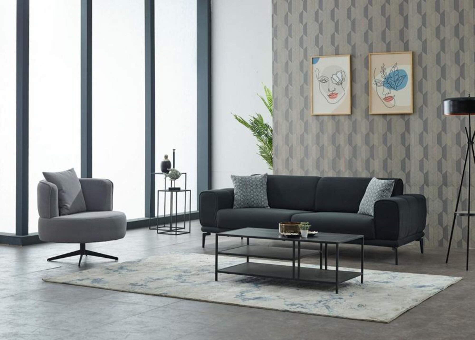 Sofa set upholstered sofa three-seater armchair black fabric sofa 2-piece set