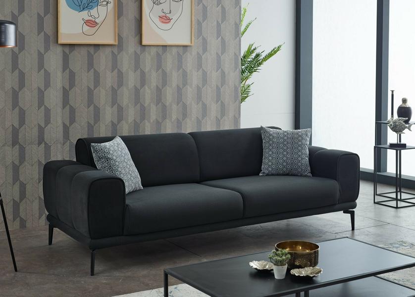 Three-seater fabric sofa, 3-seater upholstered couch, black fabric.