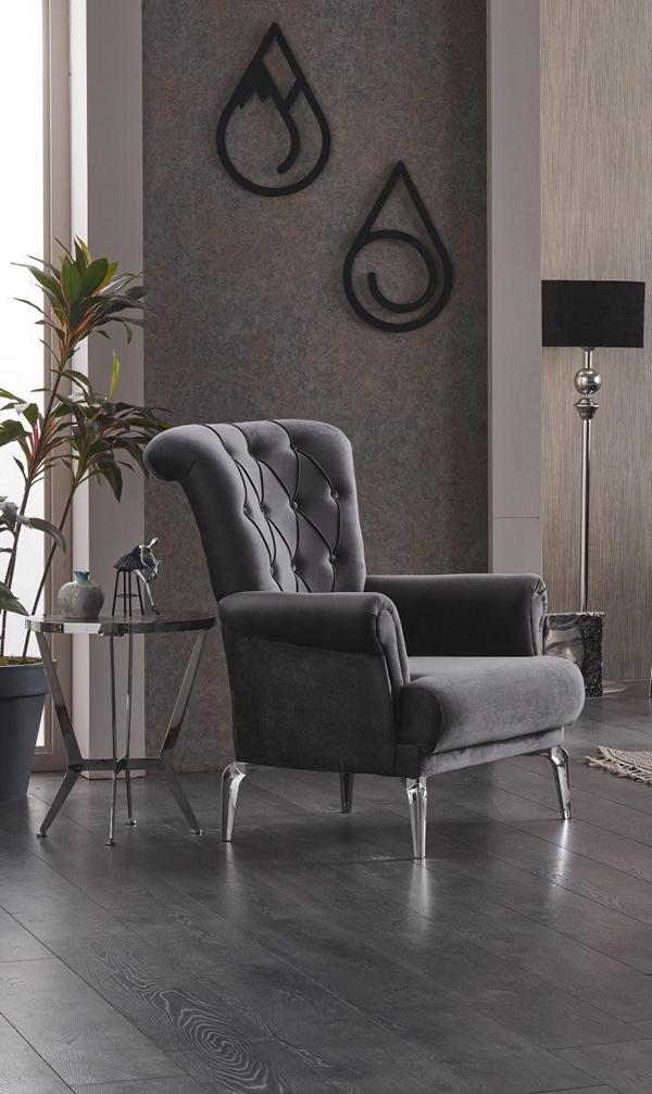 Living room chair upholstered armchair single seat fabric gray seating luxury furniture
