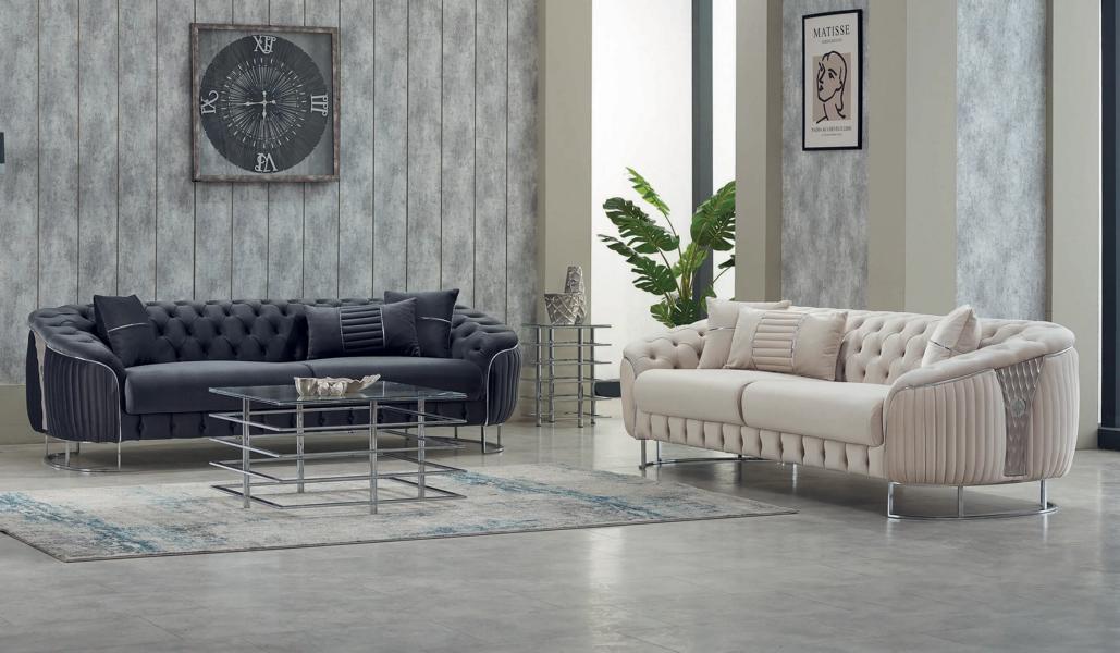 Complete couch set upholstered sofa three-seater armchair beige gray fabric