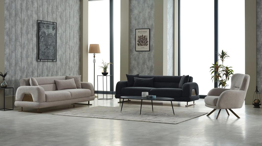 Complete couch set upholstered sofa fabric armchair 3-piece beige luxury