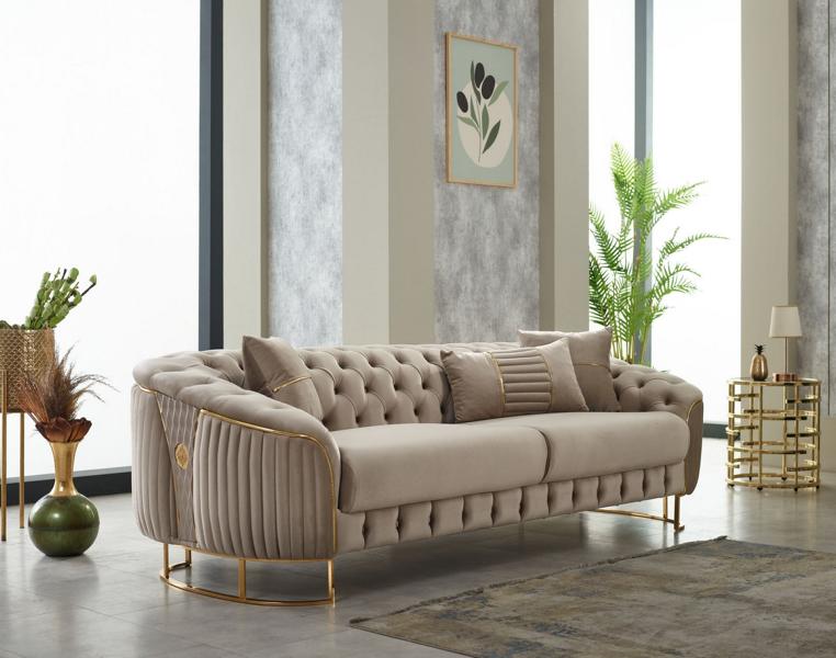 Three-seater sofa, fabric sofa, upholstered sofa, couch, beige luxury sofas.