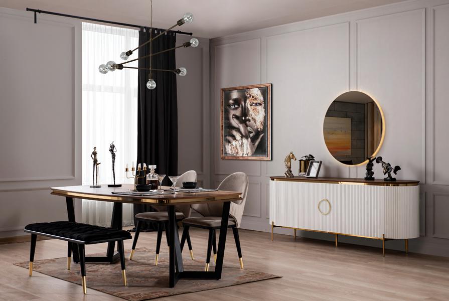 Elegant dining group brown dining table with 2 chairs, dresser with mirror, stool.