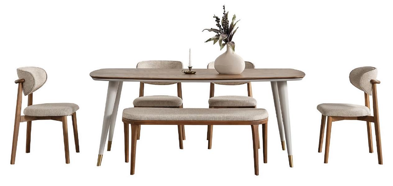 Shiny 6-piece dining room set Elegant dining table beige 4x chairs stools