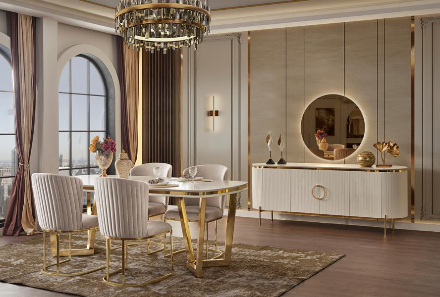 Attractive dining table with 4 chairs, shiny sideboard with mirror, dining room set.