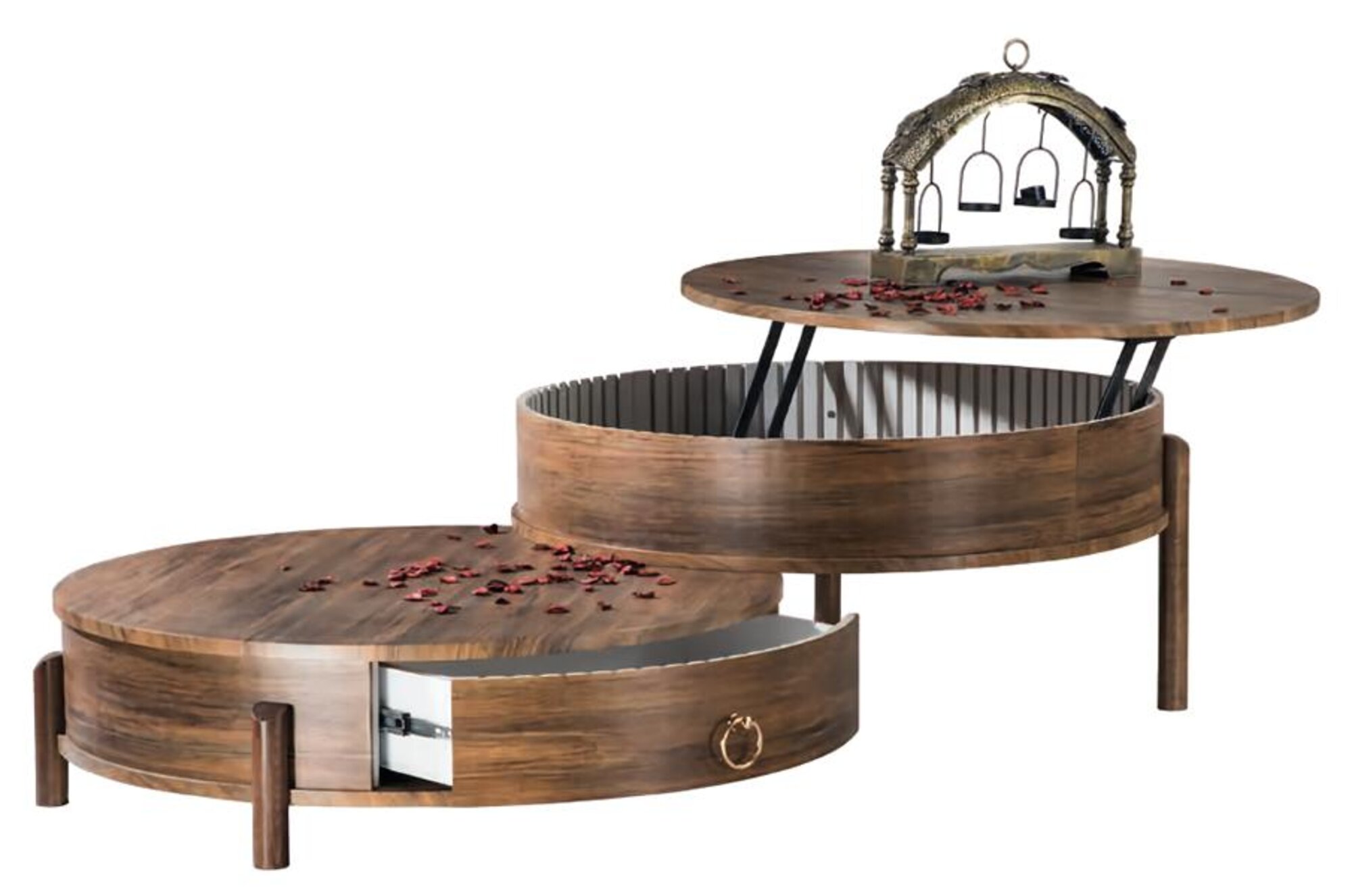 Coffee table set with drawers round wood brown original