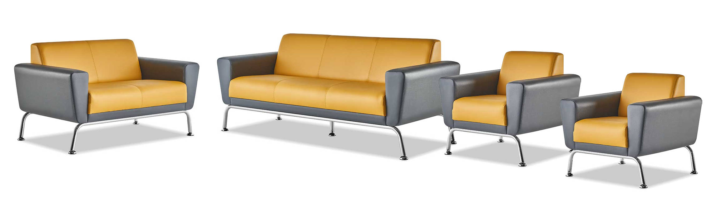 Sofa set 3-seater 2-seater armchair yellow gray stainless steel leather wood modern