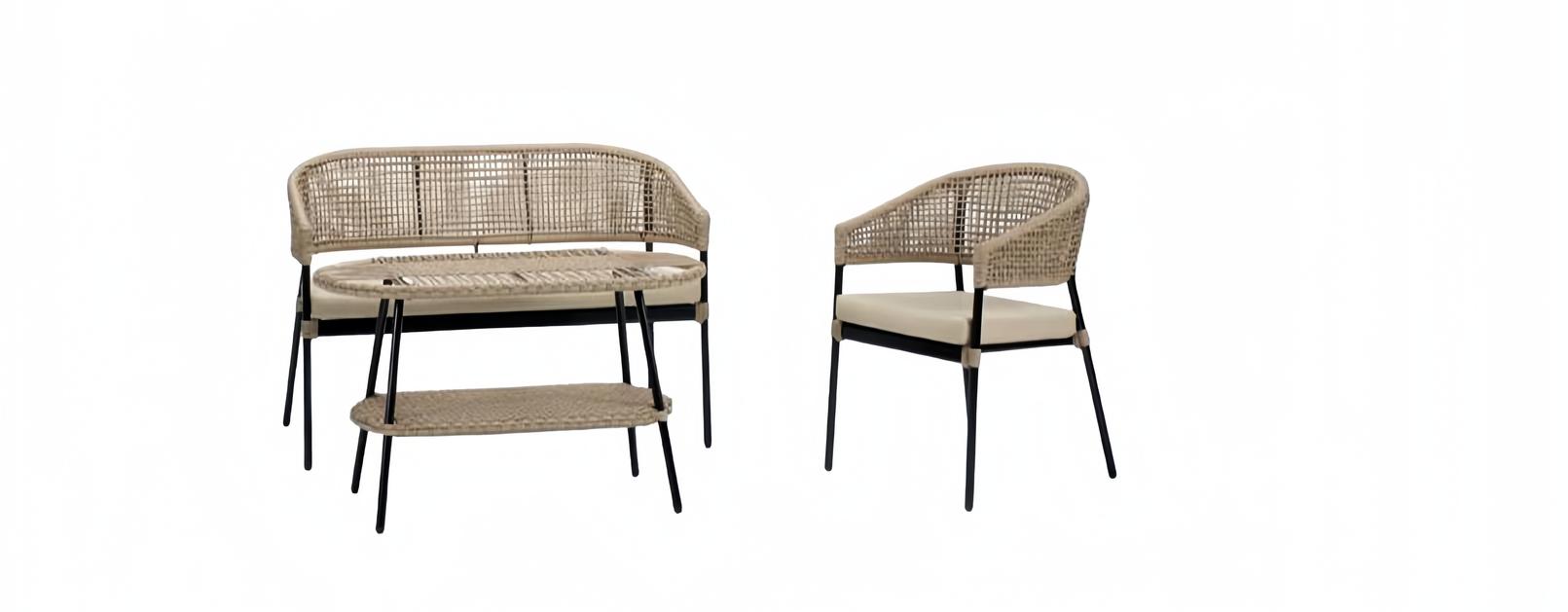 Beige sofa set, 2-seater luxury rattan modern armchair coffee table.