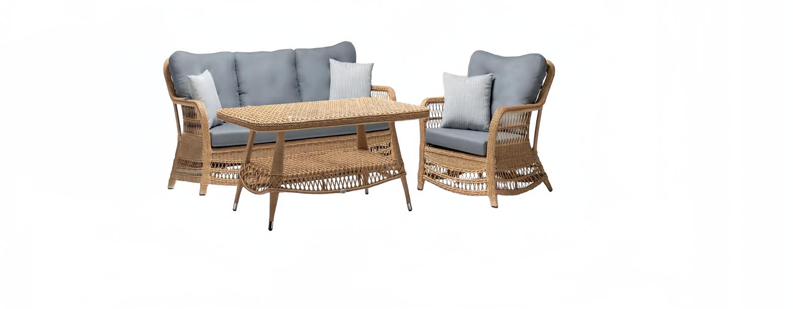 Robust garden rattan set, coffee table, garden furniture, gray, armchair, sofa, 3-seater
