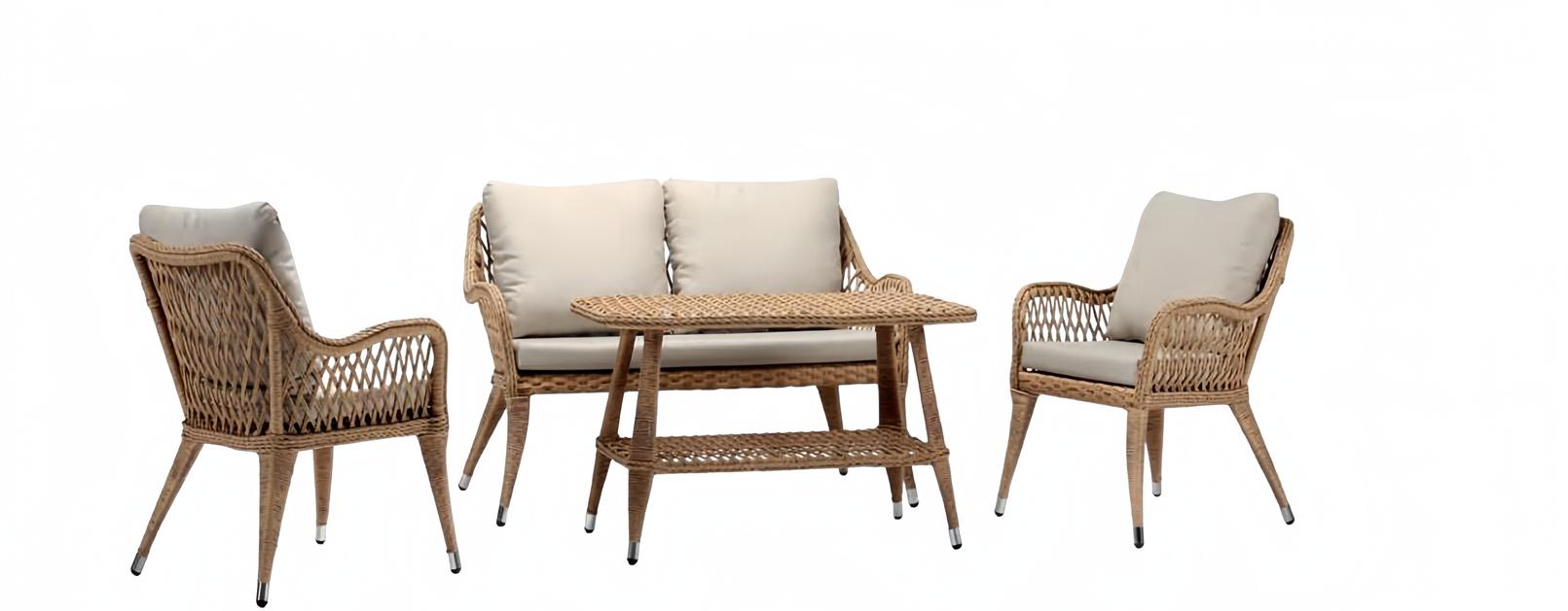 Sofa set sofa 2-seater luxurious rattan modern 2x armchairs coffee table brown