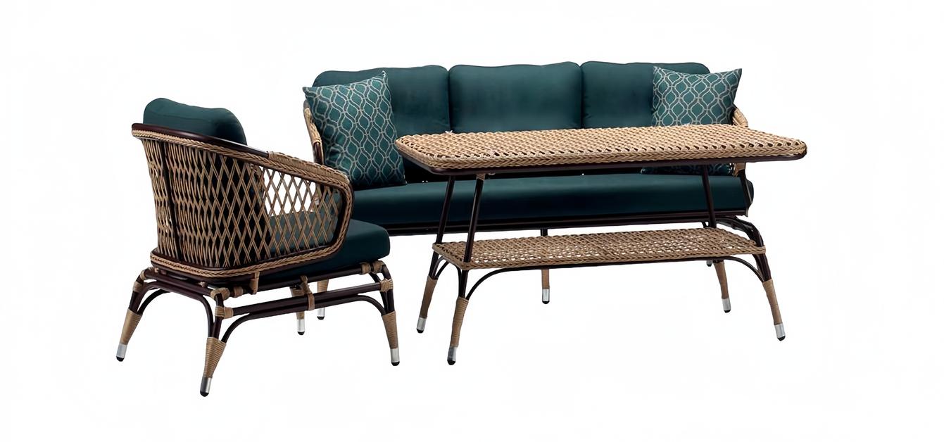 Modern garden furniture luxury sofa set ofa 3-seater green armchair coffee table