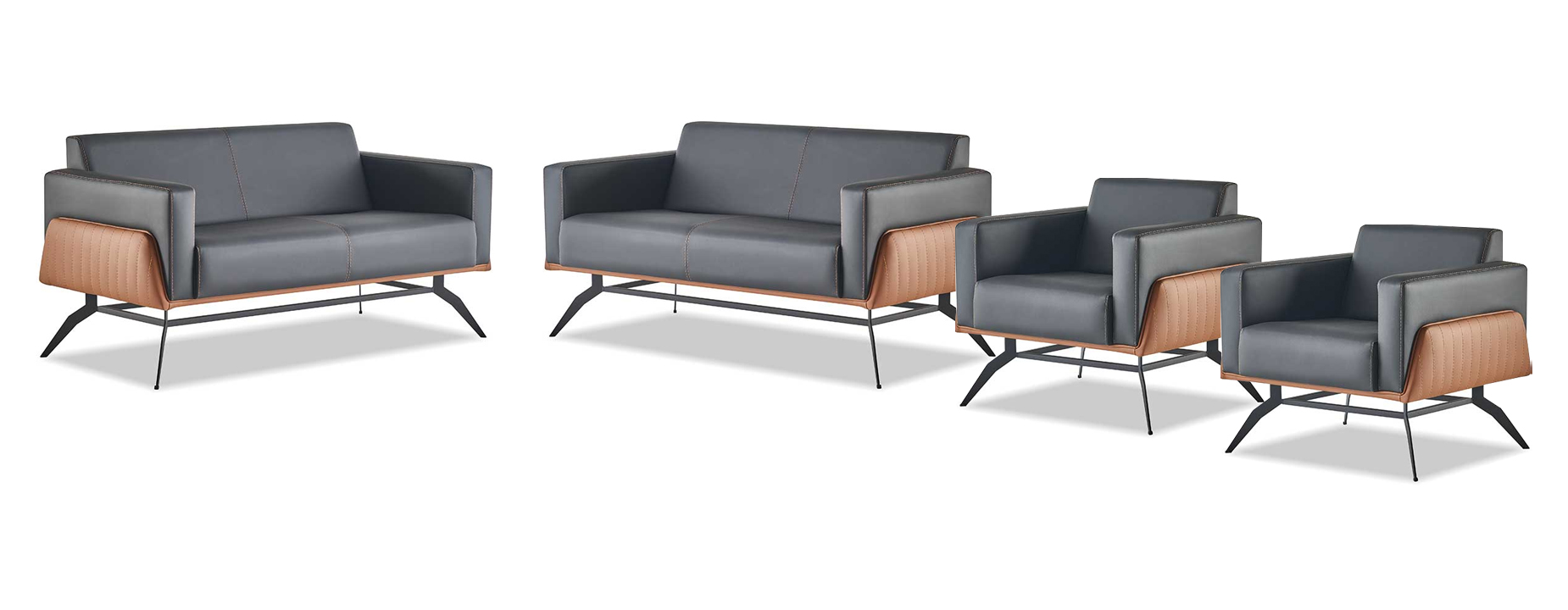 Complete Set Black Brown Armchair Leather 2-Seater Armchair Sofa Set