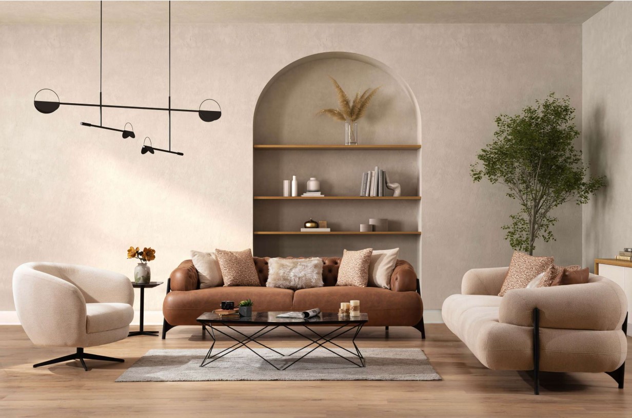 Brown-White Living Room Couch Set Exclusive Three-Seater Sofas Armchairs