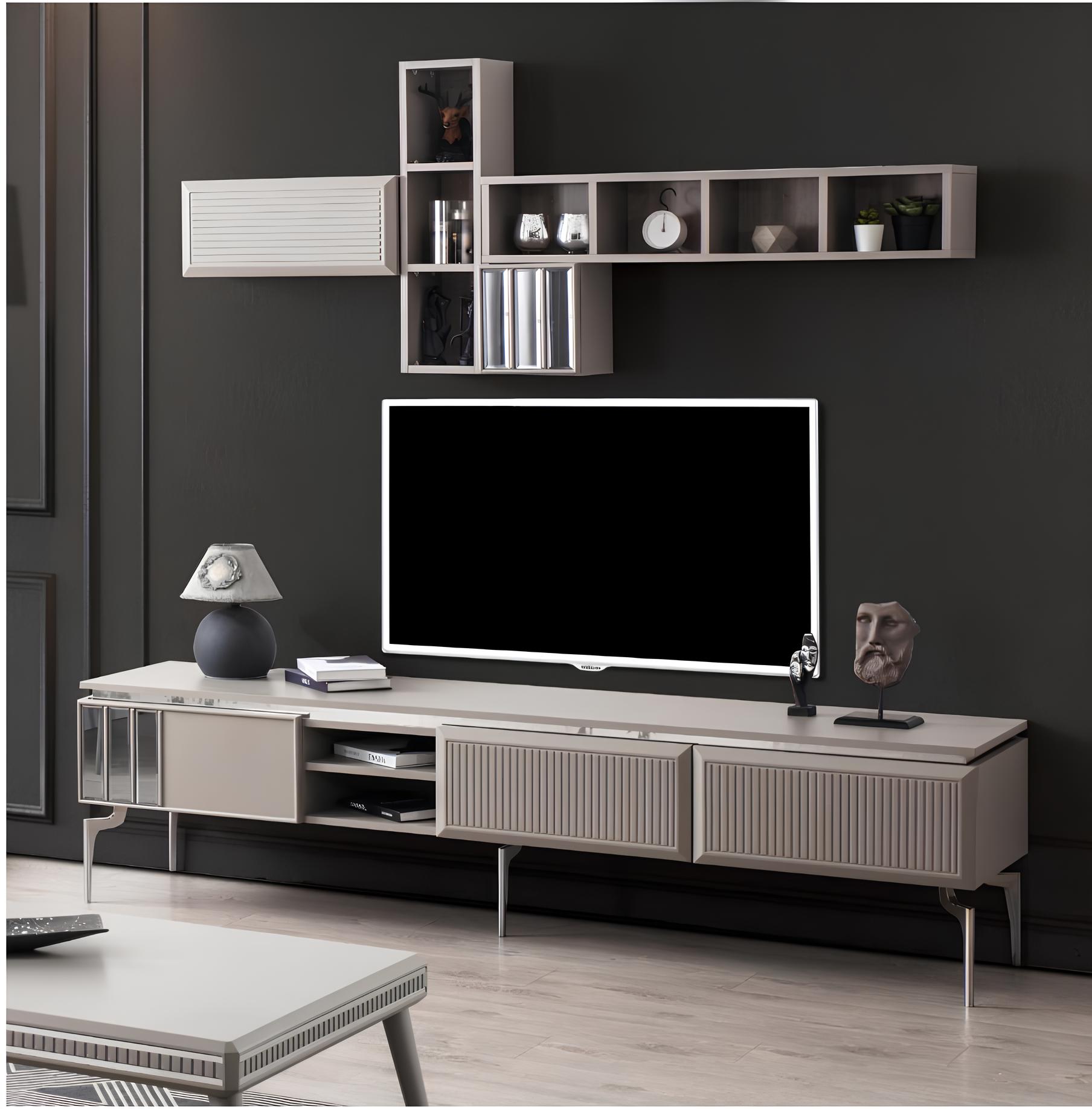 Sideboard RTV Lowboard Shelves TV Stand Cabinet Wood Grey Living Room Wall