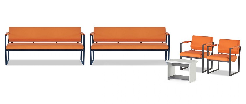 Orange waiting room furniture luxurious 2x benches wooden coffee table 2x armchairs