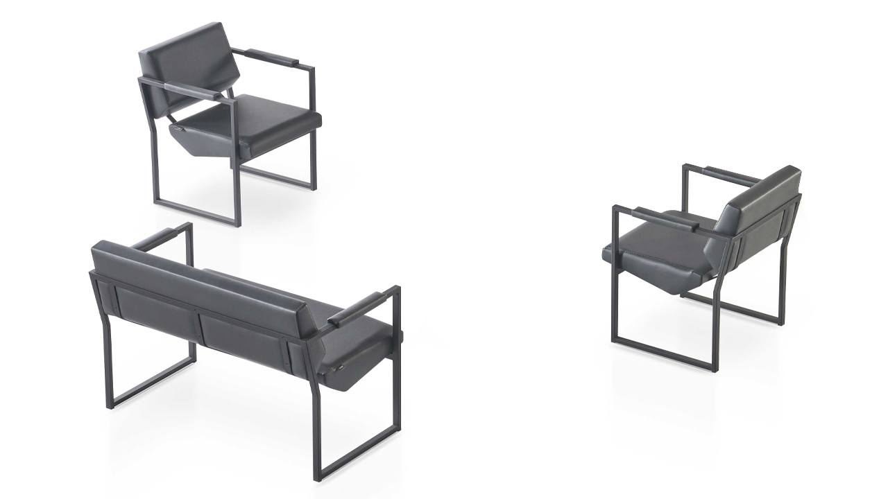 Black faux leather office set designer 2-seater luxury 2x armchairs 3 pieces